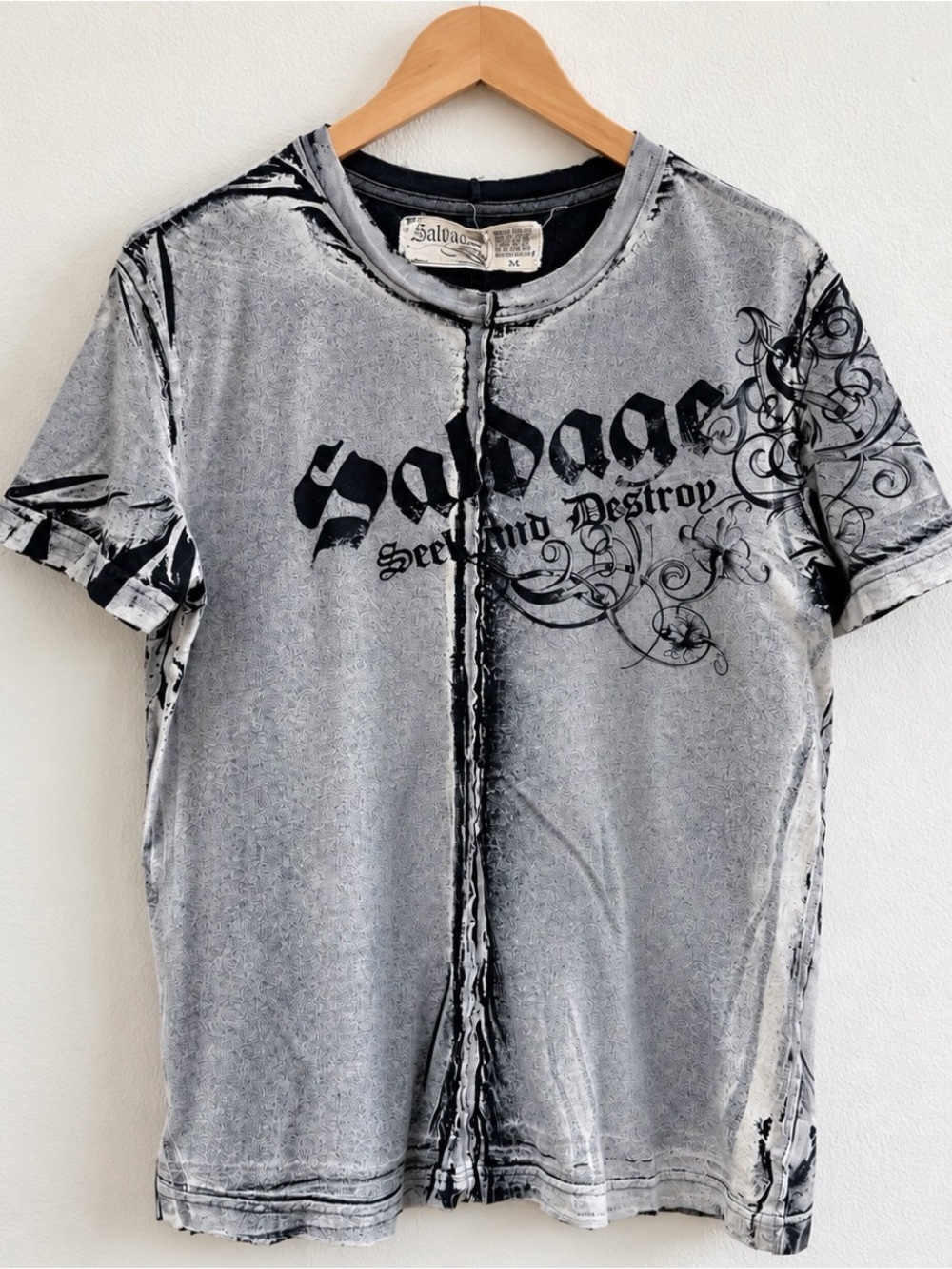 Salvage Graphic T-Shirt Distressed Acid Wash Graphic Tee M | Gothic Grunge Moto